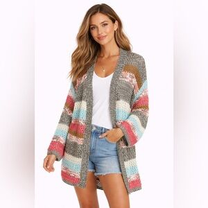 BiBi Boho Open Knit Striped Cardigan Beachy Layering Sweater